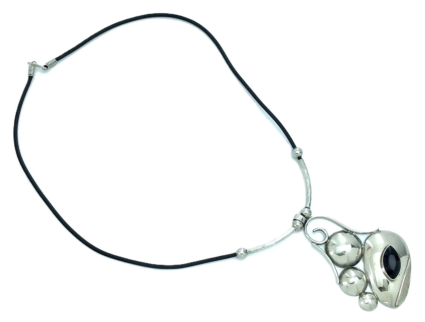 Vintage Sterling Silver Black Stone Circle Plastic Necklace 2.75in 15.6g H225