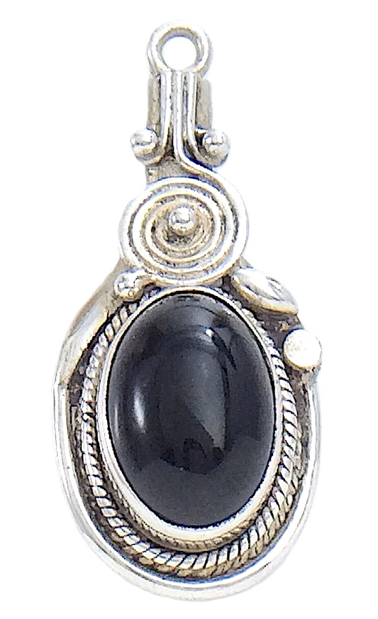 Black Onyx Stone Sterling Silver Unmarked Charm Pendant 4.8g 1.25in I977