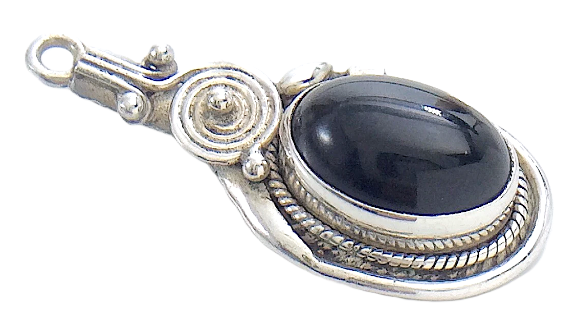 Black Onyx Stone Sterling Silver Unmarked Charm Pendant 4.8g 1.25in I977