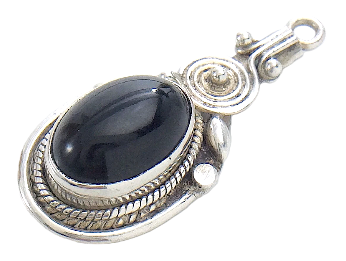 Black Onyx Stone Sterling Silver Unmarked Charm Pendant 4.8g 1.25in I977