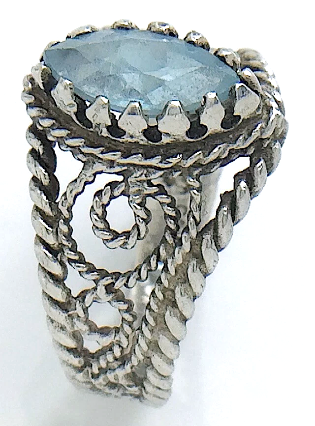 Womens Ladies Vintage  Filigree Marquise-Cut Blue Topaz Stone Sterling Silver Twisted Rope Band Size 7.75 US Ring 4.2g I982