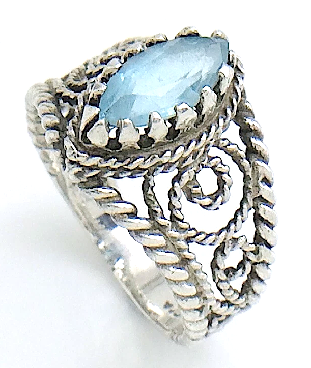 Womens Ladies Vintage  Filigree Marquise-Cut Blue Topaz Stone Sterling Silver Twisted Rope Band Size 7.75 US Ring 4.2g I982