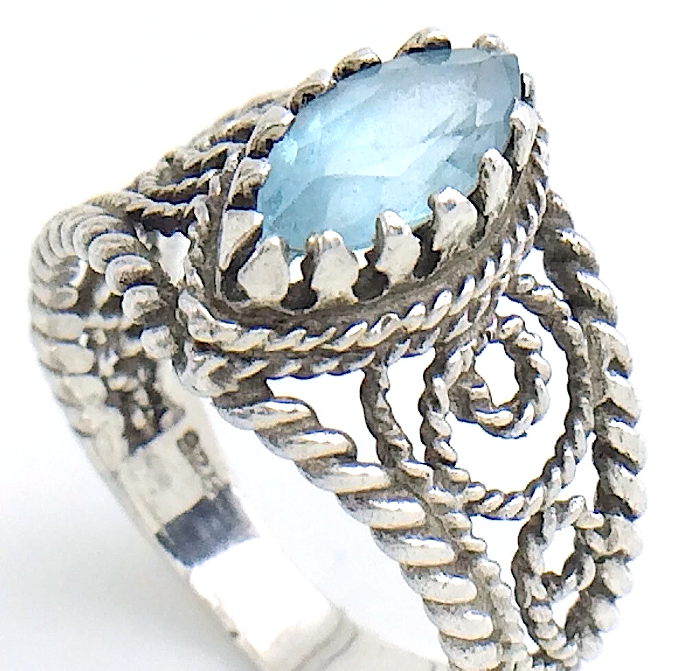 Womens Ladies Vintage  Filigree Marquise-Cut Blue Topaz Stone Sterling Silver Twisted Rope Band Size 7.75 US Ring 4.2g I982