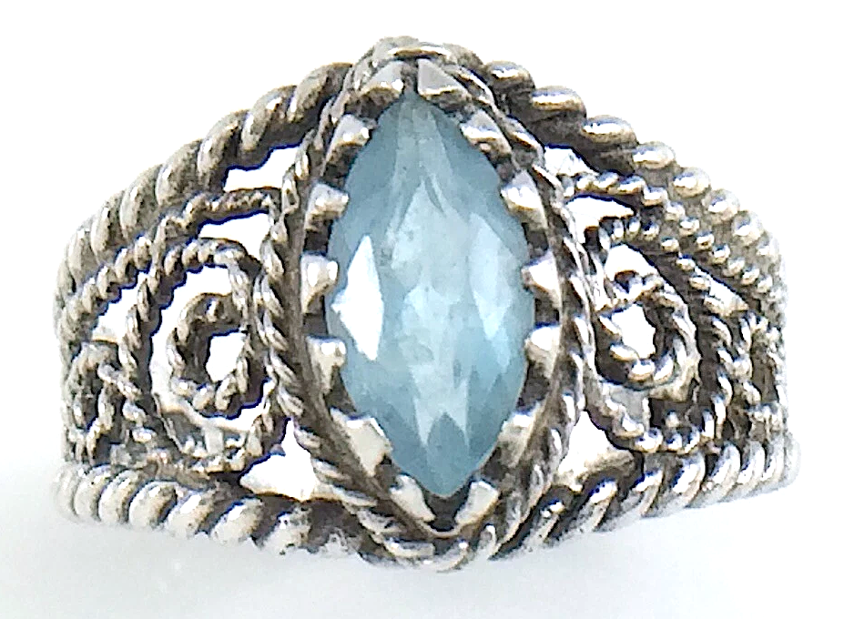 Womens Ladies Vintage  Filigree Marquise-Cut Blue Topaz Stone Sterling Silver Twisted Rope Band Size 7.75 US Ring 4.2g I982