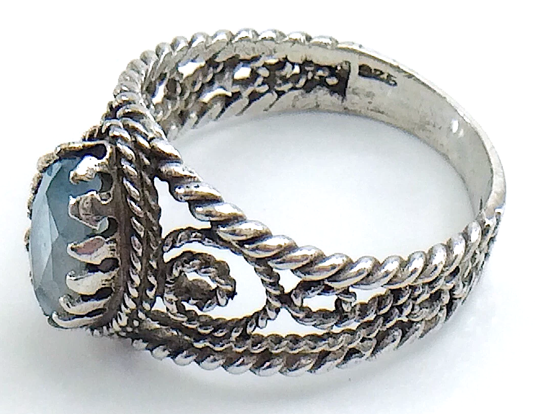 Womens Ladies Vintage  Filigree Marquise-Cut Blue Topaz Stone Sterling Silver Twisted Rope Band Size 7.75 US Ring 4.2g I982