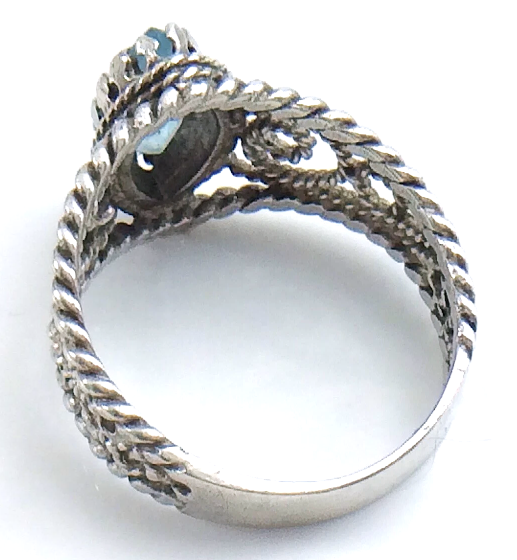 Womens Ladies Vintage  Filigree Marquise-Cut Blue Topaz Stone Sterling Silver Twisted Rope Band Size 7.75 US Ring 4.2g I982