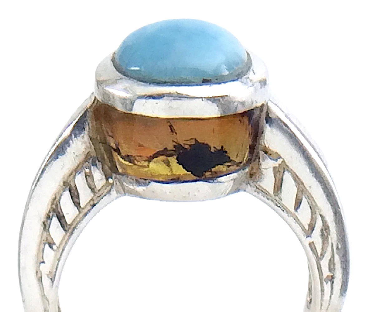 Womens Ladies Vintage Blue Larimar and Amber Stones Sterling Silver Size 5.75 US Ring 5.8g I993