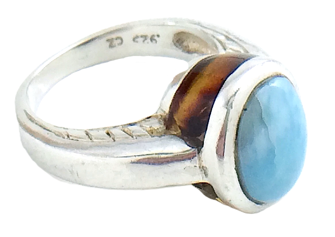 Womens Ladies Vintage Blue Larimar and Amber Stones Sterling Silver Size 5.75 US Ring 5.8g I993