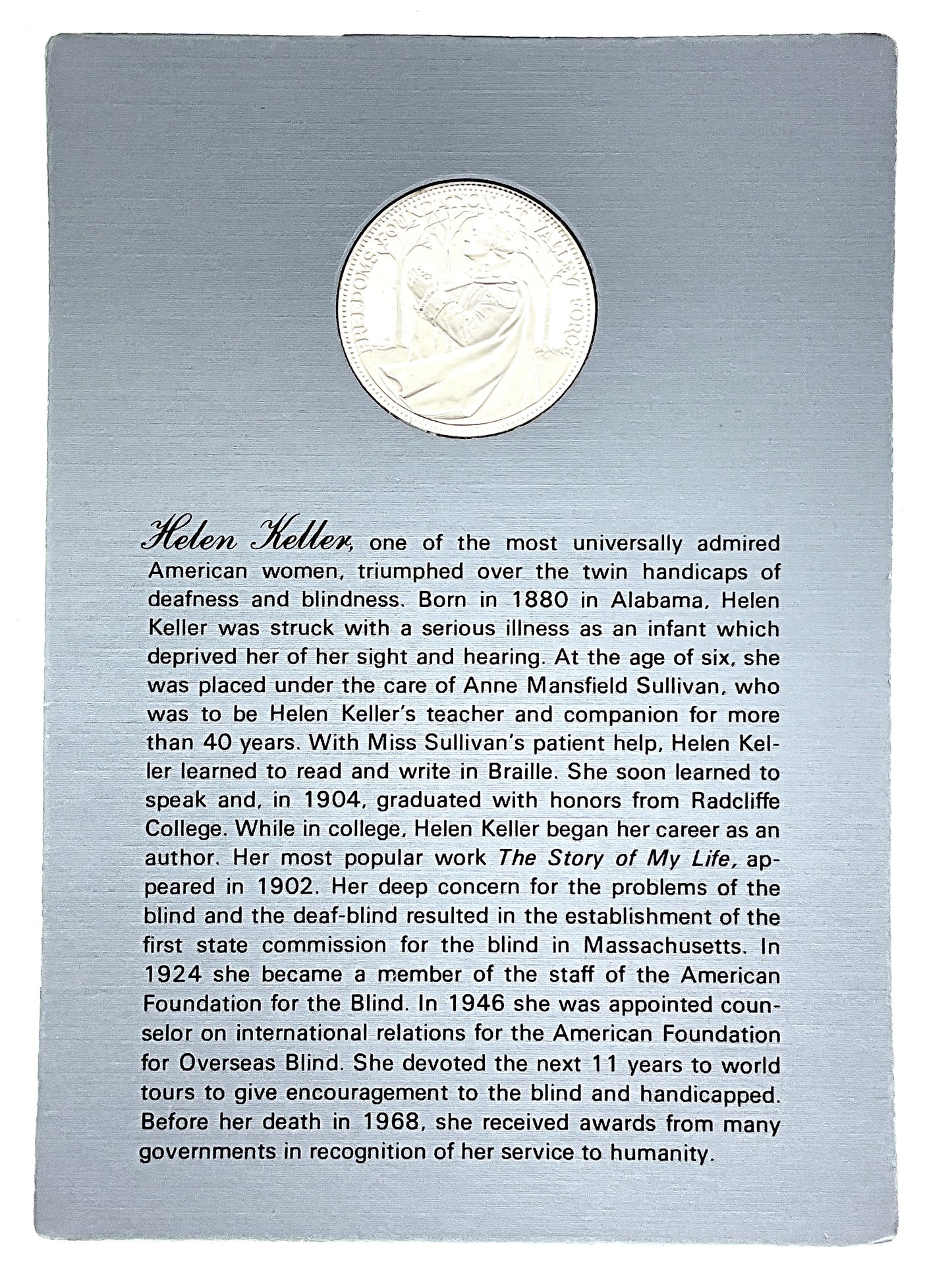 .985 ozt Helen Keller Silver Round