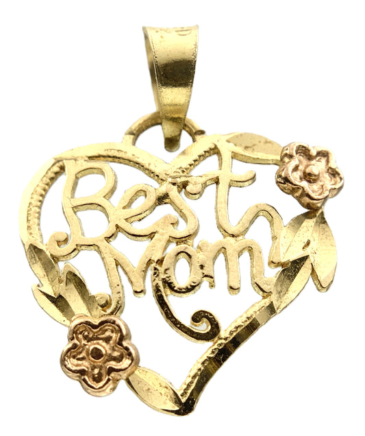 10K Heart Shaped Yellow Gold Best Mom Floral Charm Pendant AU323
