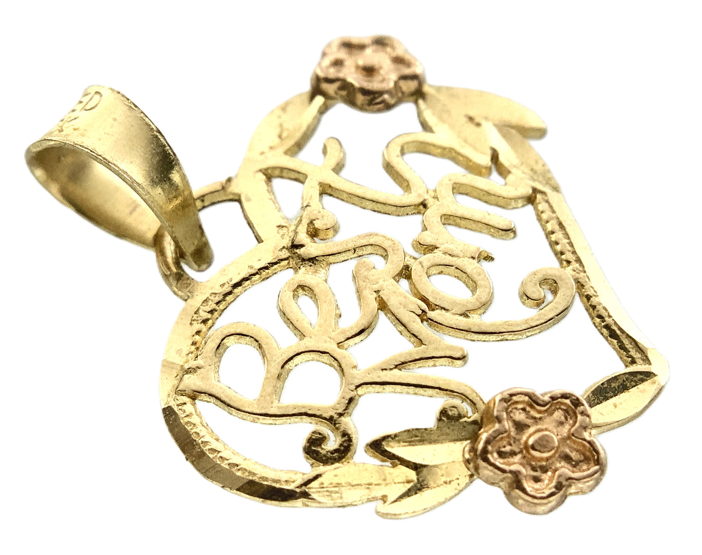 10K Heart Shaped Yellow Gold Best Mom Floral Charm Pendant AU323