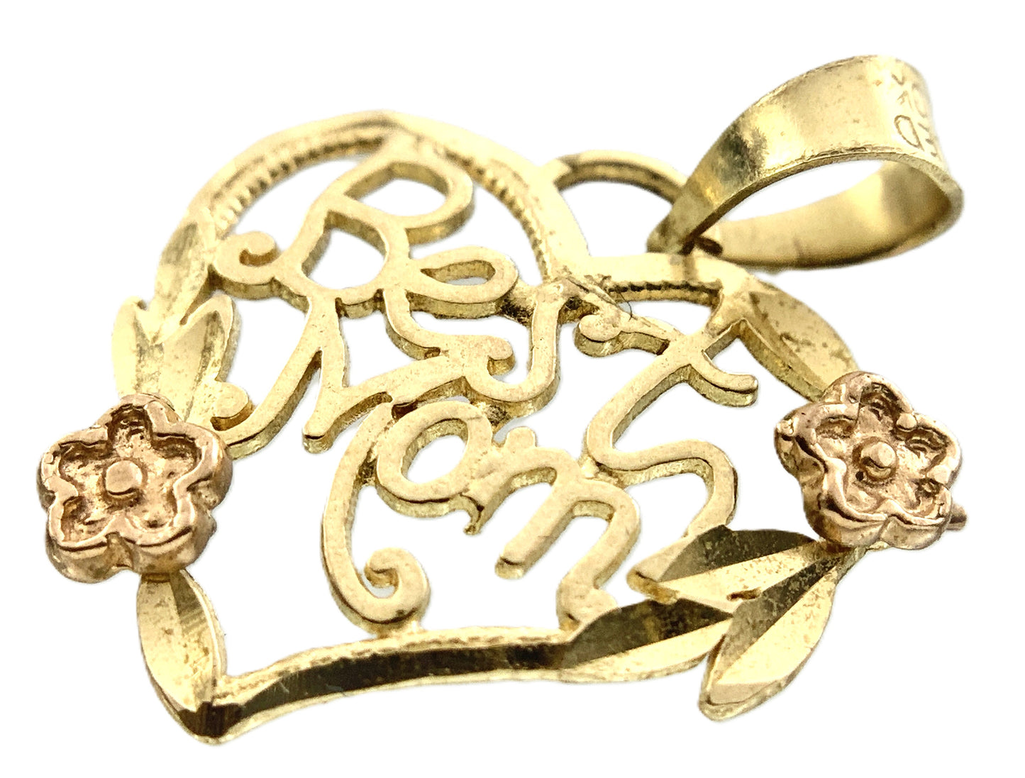 10K Heart Shaped Yellow Gold Best Mom Floral Charm Pendant AU323