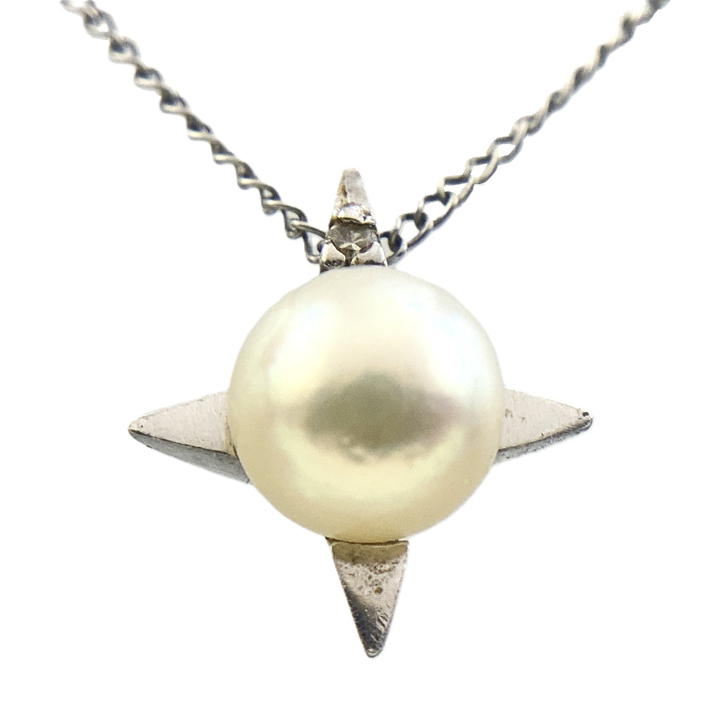 10K White Gold Pearl Star Shaped Pendant Necklace Chain AU334