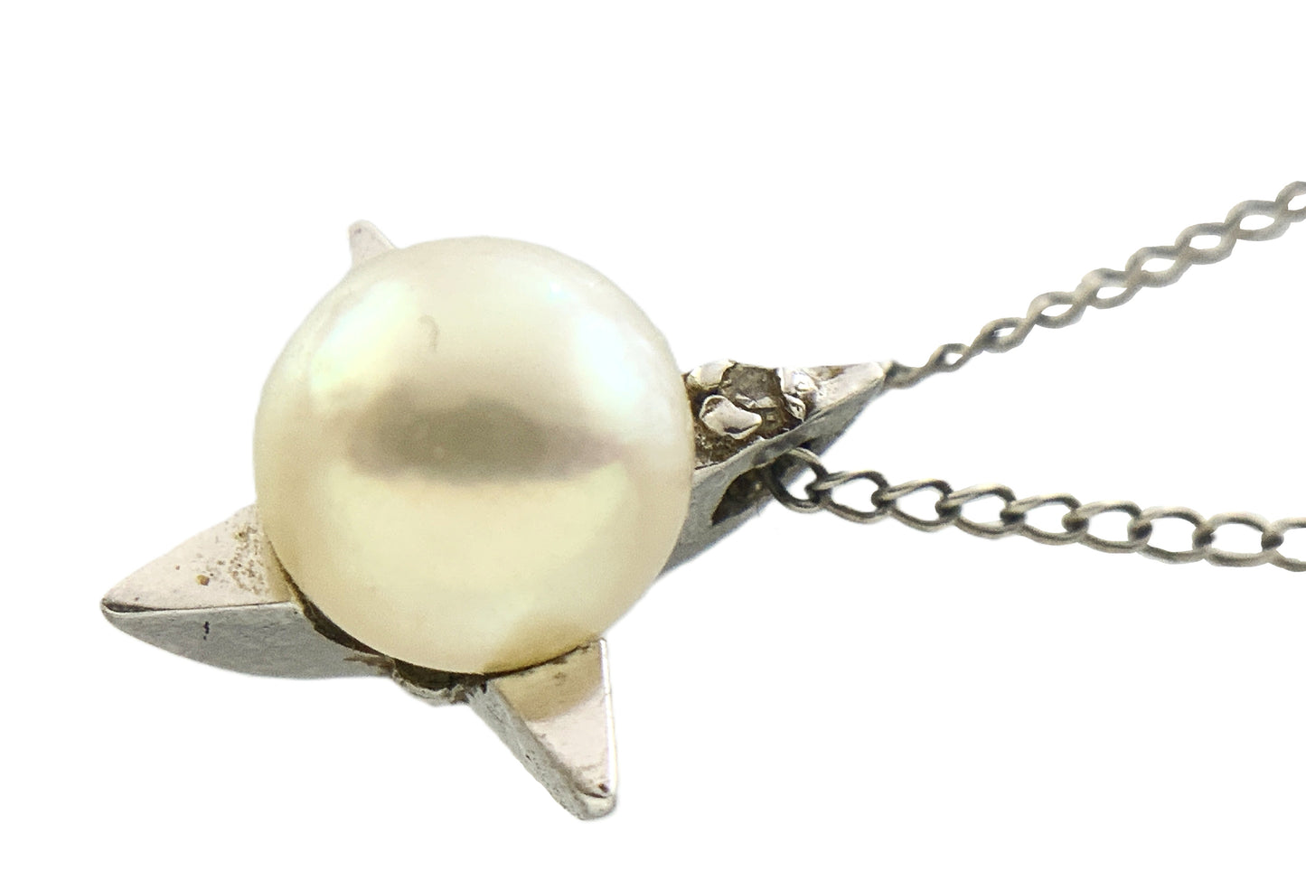 10K White Gold Pearl Star Shaped Pendant Necklace Chain AU334