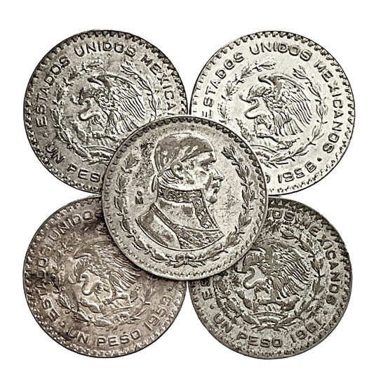 2.55 ozt Five One Peso Tepalcate Silver Coins