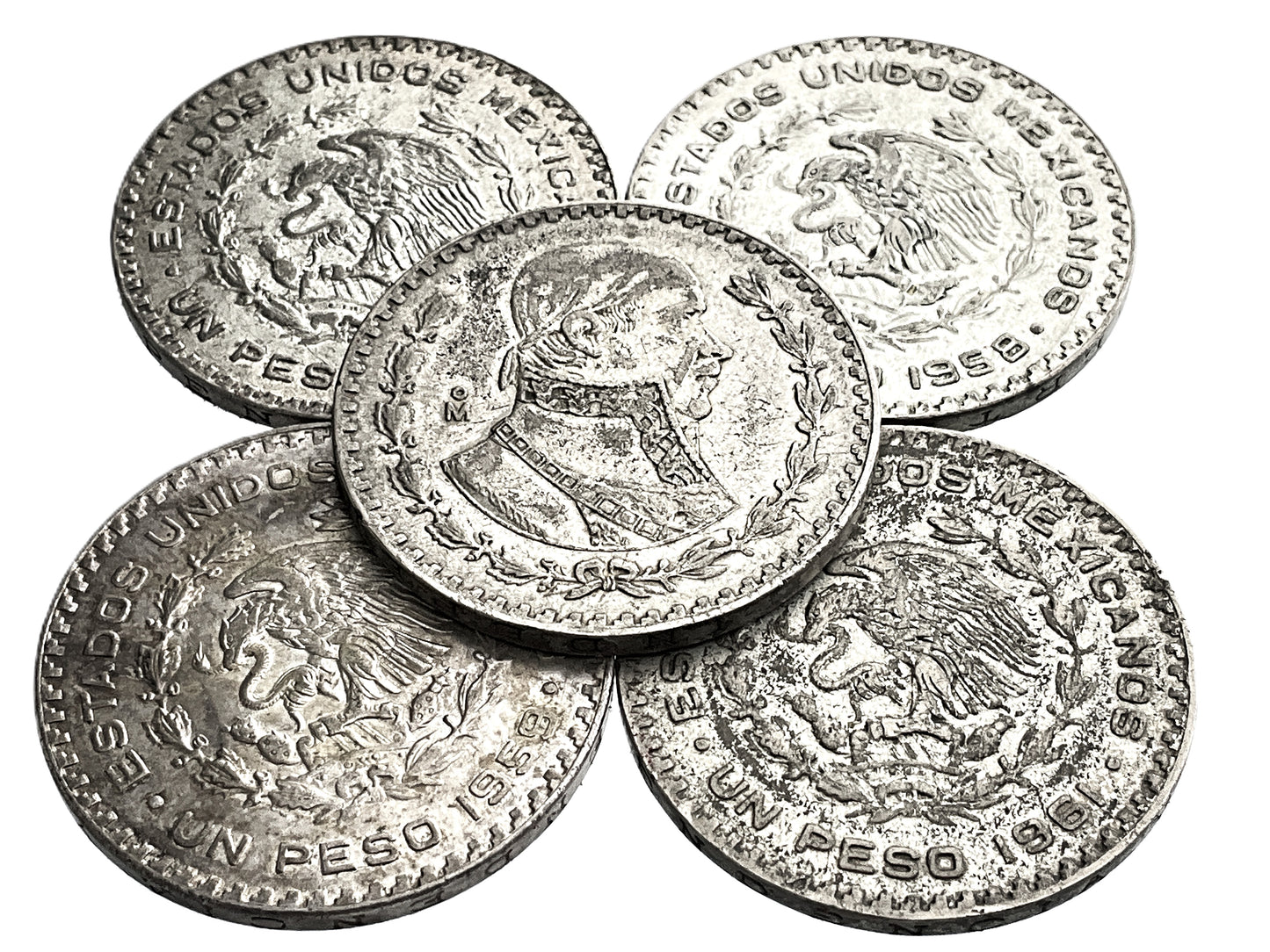 2.55 ozt Five One Peso Tepalcate Silver Coins