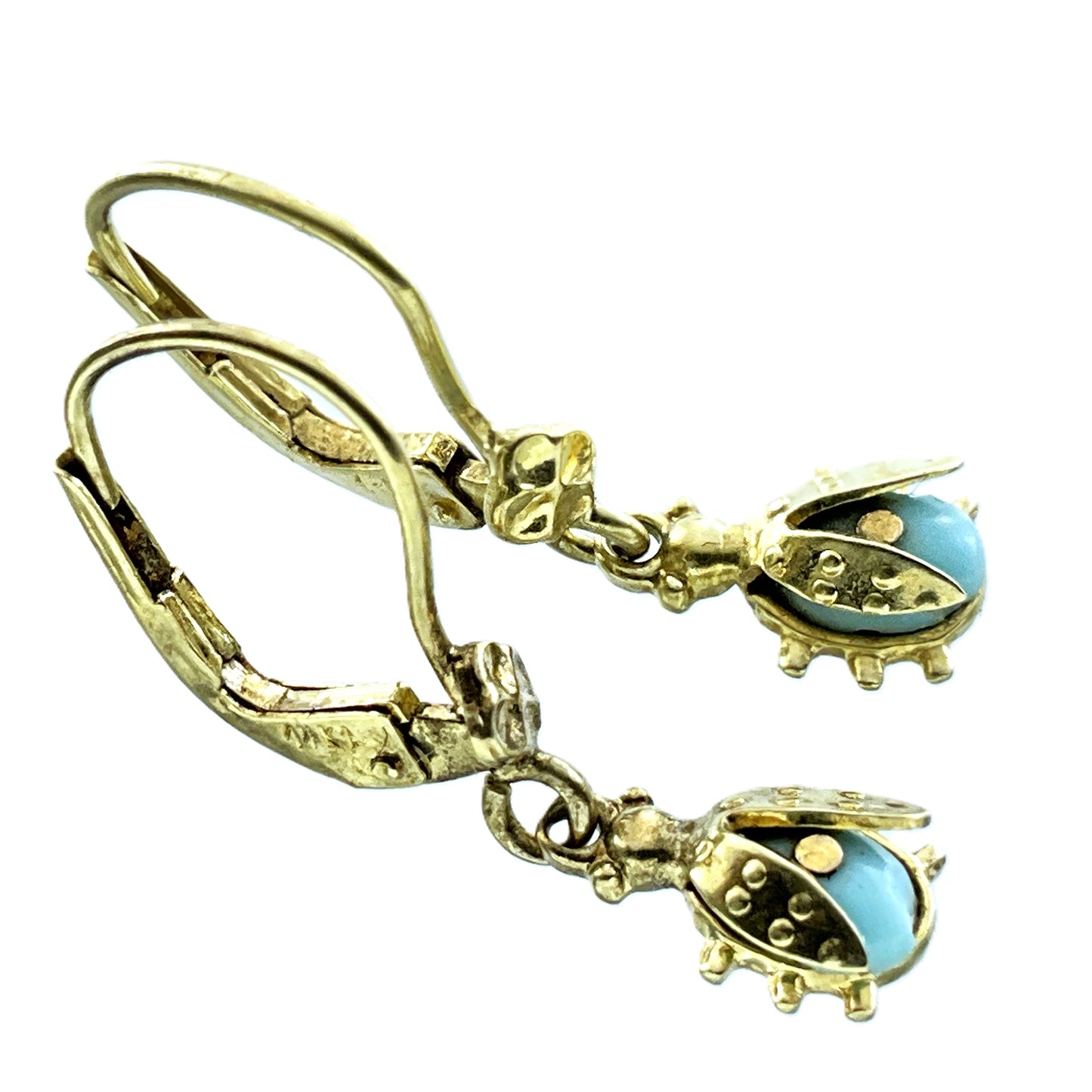 14K Yellow Gold Ladybug Drop Leverback Closure Earrings AU433