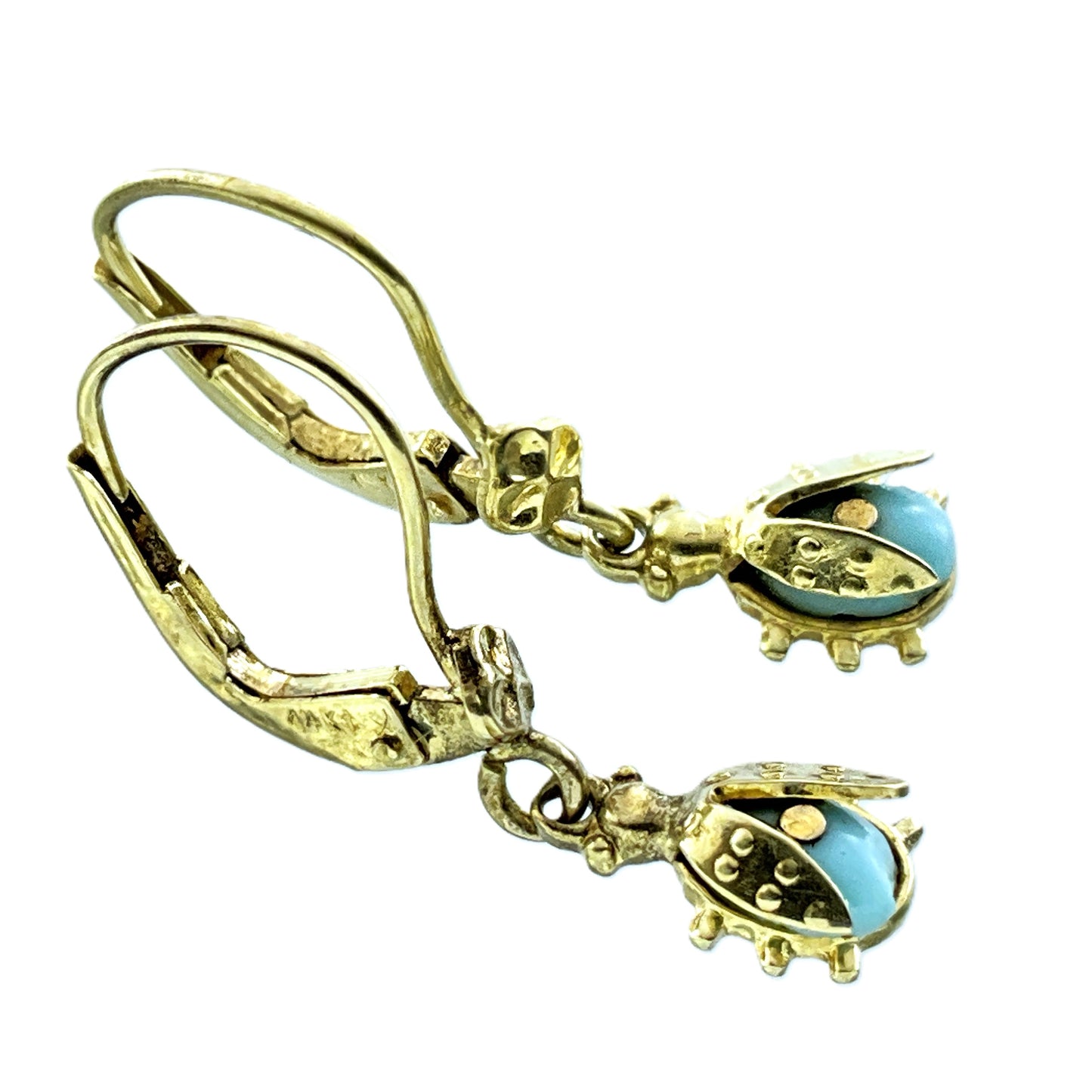 14K Yellow Gold Ladybug Drop Leverback Closure Earrings AU433