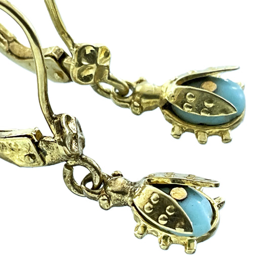 14K Yellow Gold Ladybug Drop Leverback Closure Earrings AU433
