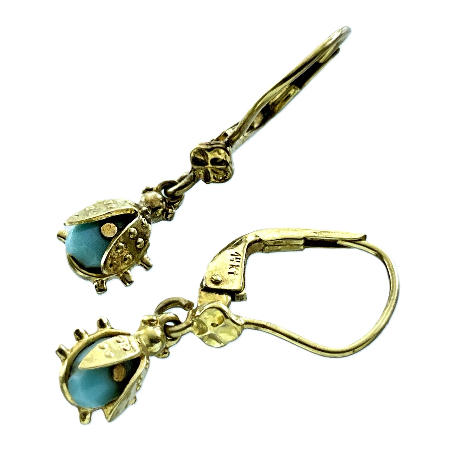 14K Yellow Gold Ladybug Drop Leverback Closure Earrings AU433