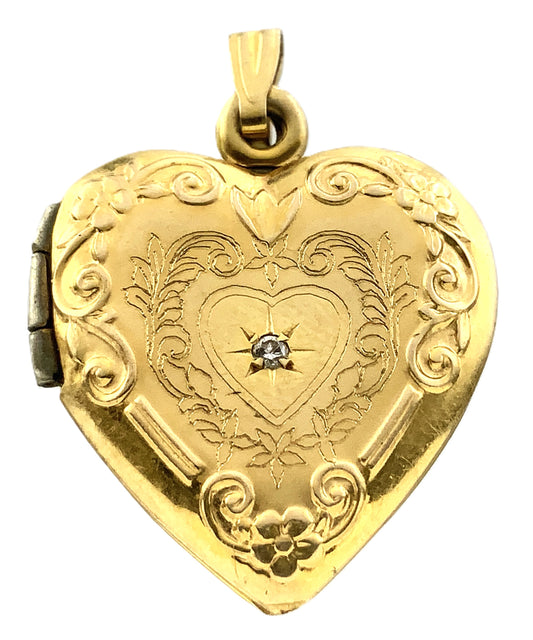10K Yellow Gold Antique Victorian Etched Heart with Diamond Locket AU347
