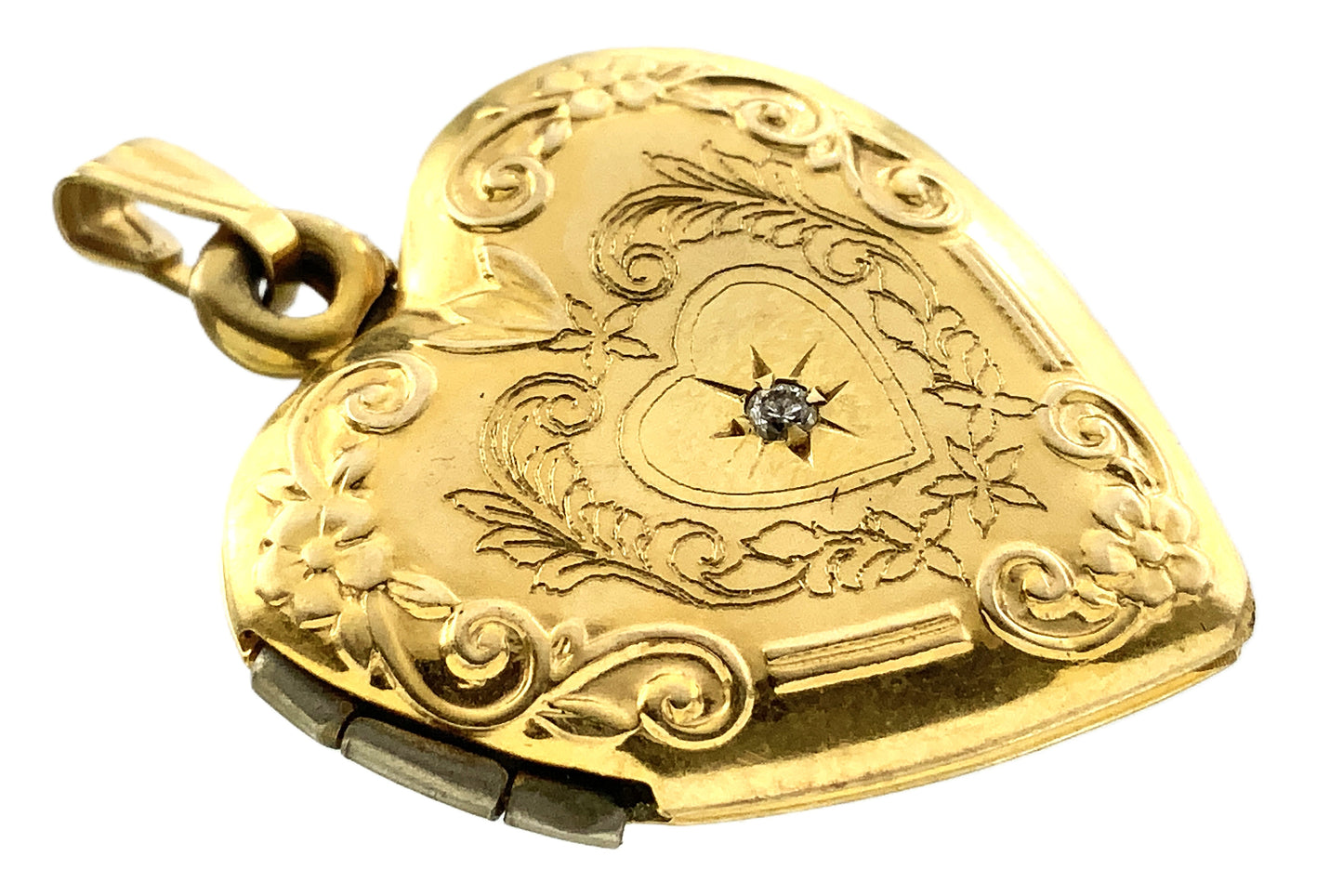 10K Yellow Gold Antique Victorian Etched Heart with Diamond Locket AU347