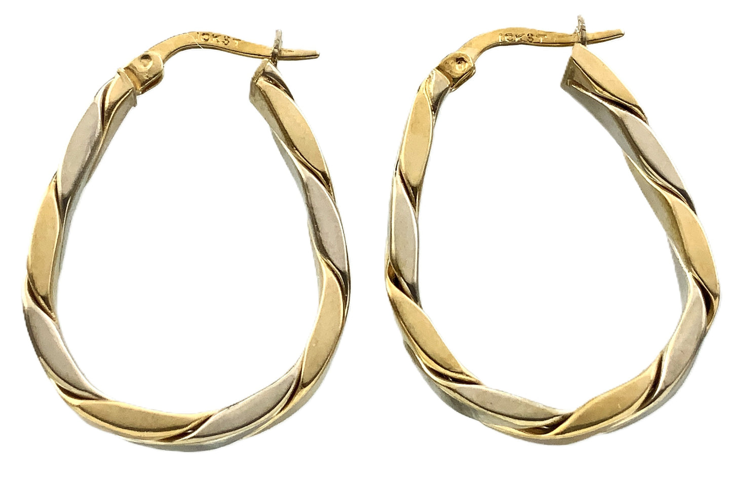 10K Yellow and White Gold Two Toned Twisted Oval Hoop Earrings AU350