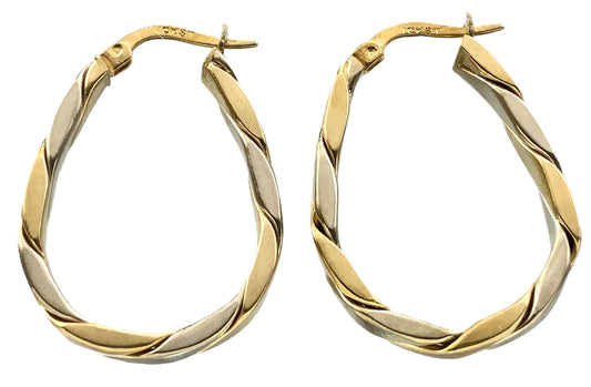 10K Yellow and White Gold Two Toned Twisted Oval Hoop Earrings AU350