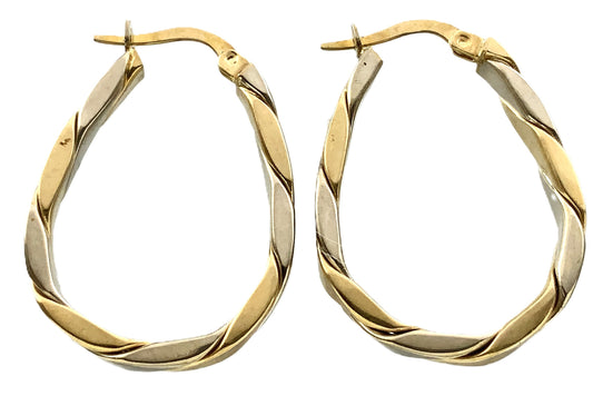 10K Yellow and White Gold Two Toned Twisted Oval Hoop Earrings AU350