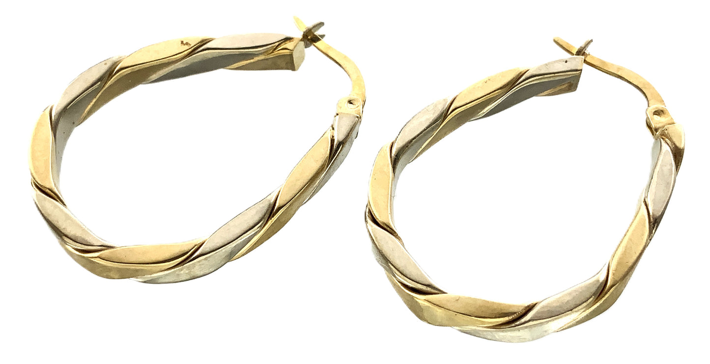 10K Yellow and White Gold Two Toned Twisted Oval Hoop Earrings AU350