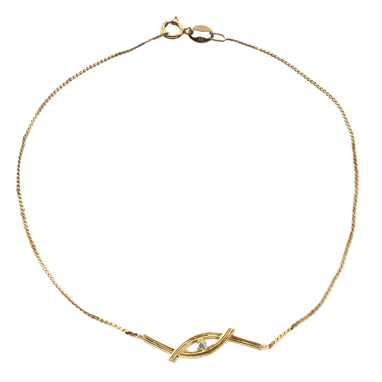 10K Yellow Gold Interlocking Design Feature with Round Solitaire Moissanite Chain 8 in x 1 mm Bracelet AU351
