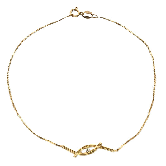 10K Yellow Gold Interlocking Design Feature with Round Solitaire Moissanite Chain 8 in x 1 mm Bracelet AU351