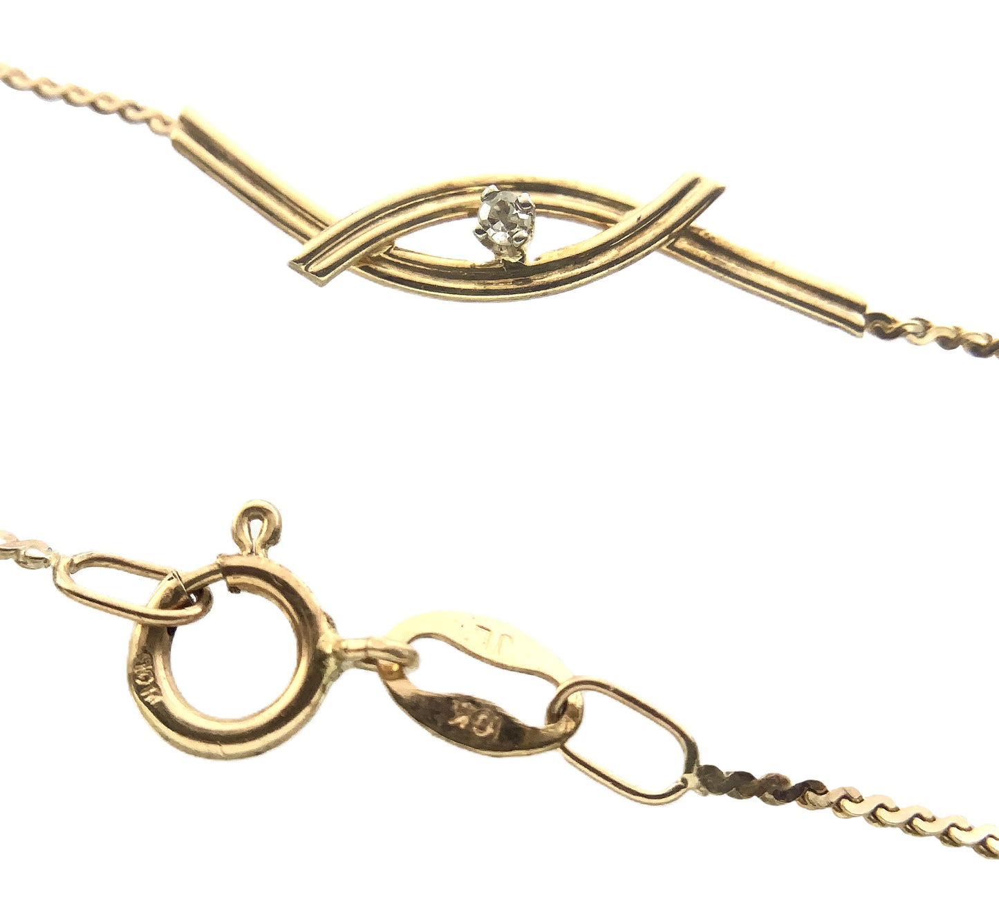 10K Yellow Gold Interlocking Design Feature with Round Solitaire Moissanite Chain 8 in x 1 mm Bracelet AU351