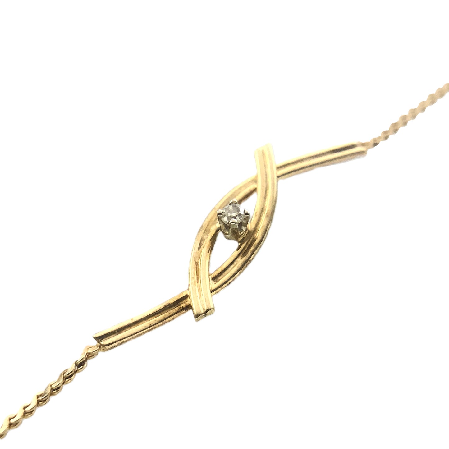 10K Yellow Gold Interlocking Design Feature with Round Solitaire Moissanite Chain 8 in x 1 mm Bracelet AU351