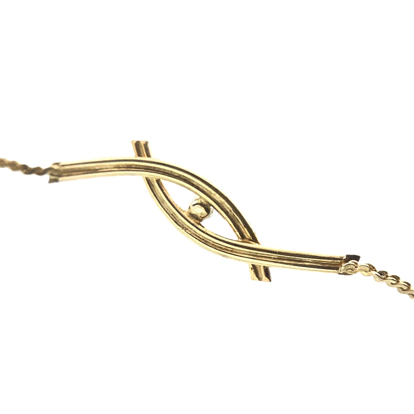 10K Yellow Gold Interlocking Design Feature with Round Solitaire Moissanite Chain 8 in x 1 mm Bracelet AU351
