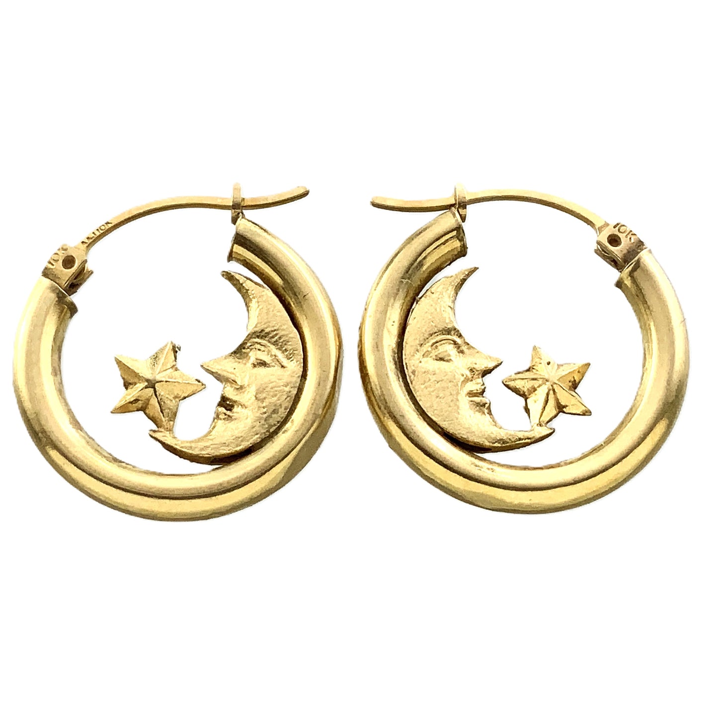 10K Yellow Gold Celestial Crescent Moon and Star Huggie Style Hoop Earrings AU353