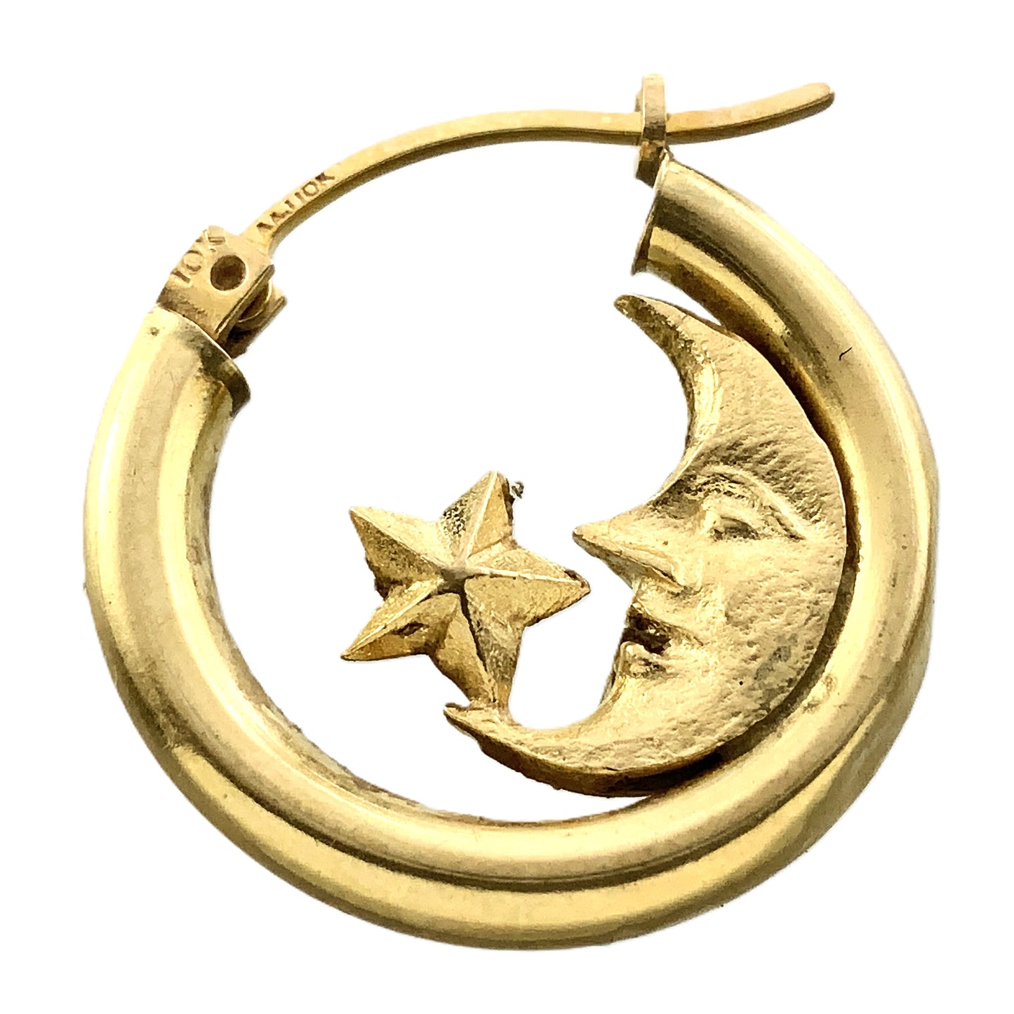 10K Yellow Gold Celestial Crescent Moon and Star Huggie Style Hoop Earrings AU353