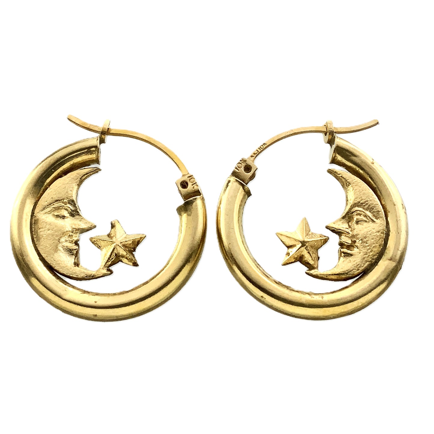 10K Yellow Gold Celestial Crescent Moon and Star Huggie Style Hoop Earrings AU353