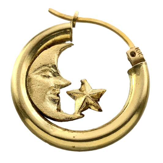 10K Yellow Gold Celestial Crescent Moon and Star Huggie Style Hoop Earrings AU353