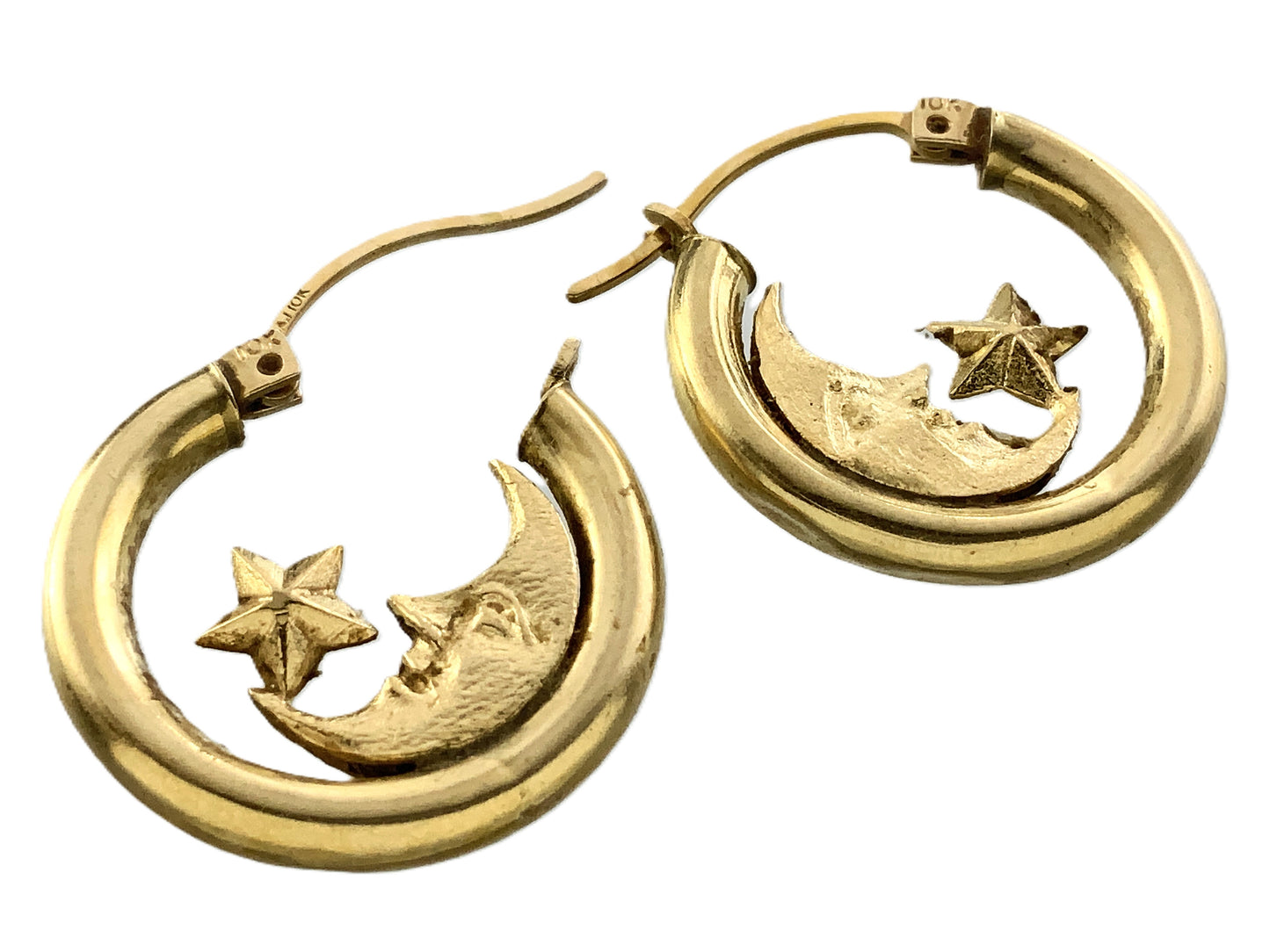 10K Yellow Gold Celestial Crescent Moon and Star Huggie Style Hoop Earrings AU353