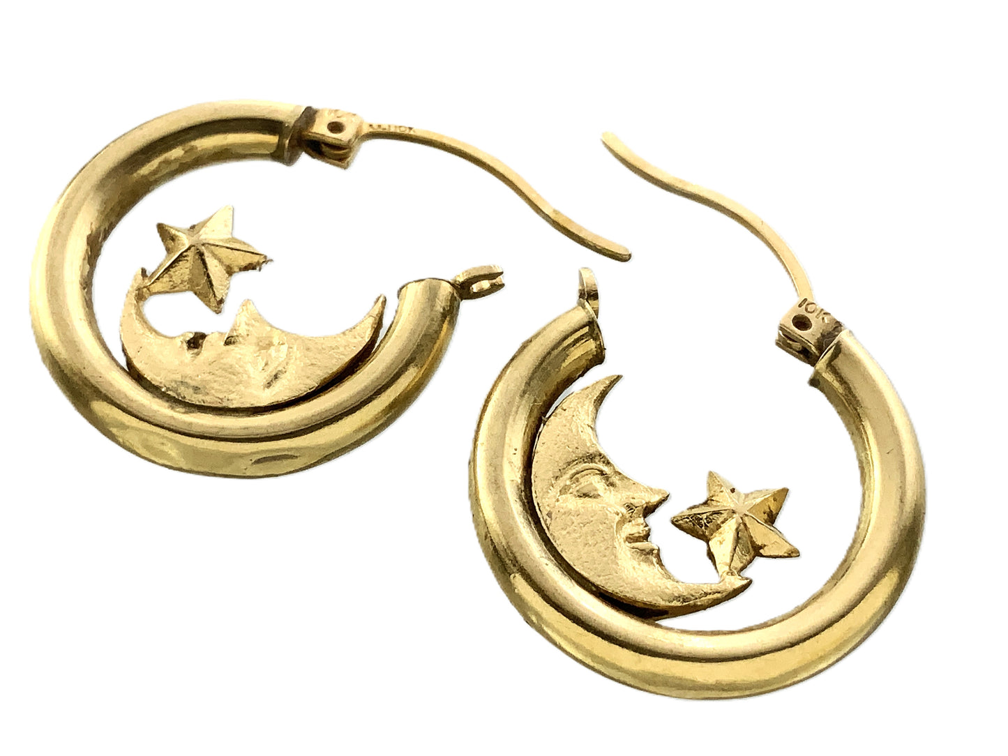 10K Yellow Gold Celestial Crescent Moon and Star Huggie Style Hoop Earrings AU353