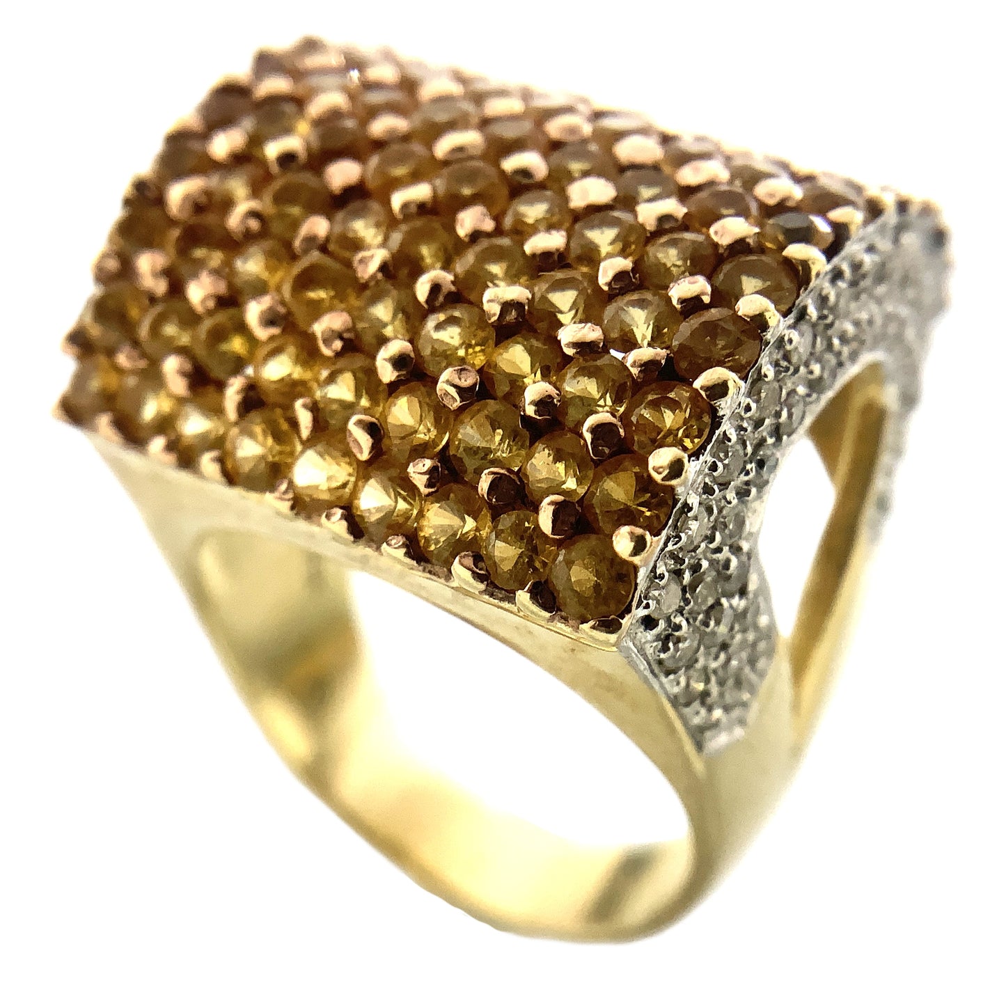 14K Yellow Gold Cocktail Ring with Pavé-Set Yellow Sapphire and Diamonds Size 5.85 AU358