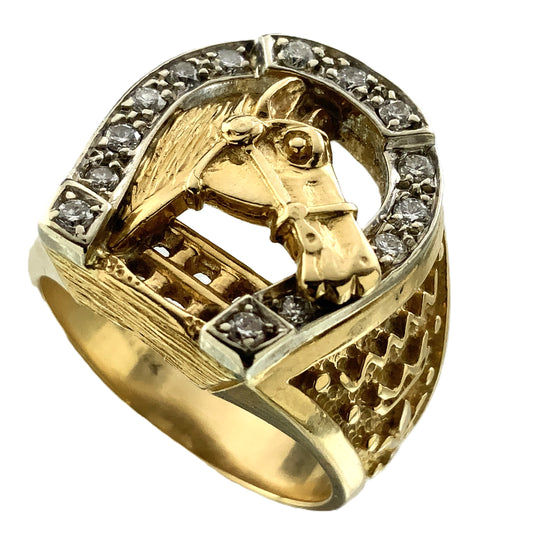 14K Yellow Gold Luck Horseshoe and Horse Head with 14 Diamonds .28 Total Carats Ring Size 9 AU360
