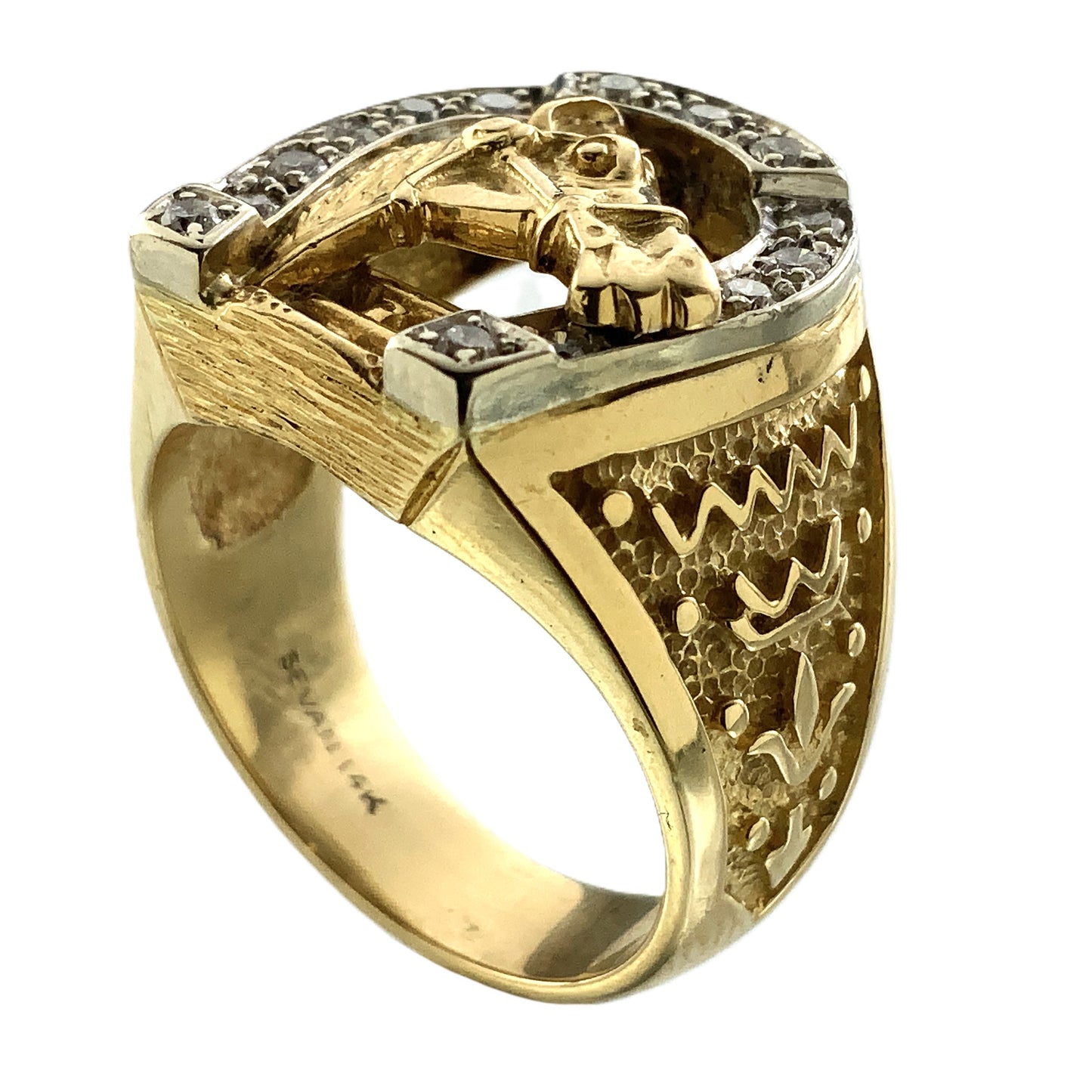 14K Yellow Gold Luck Horseshoe and Horse Head with 14 Diamonds .28 Total Carats Ring Size 9 AU360