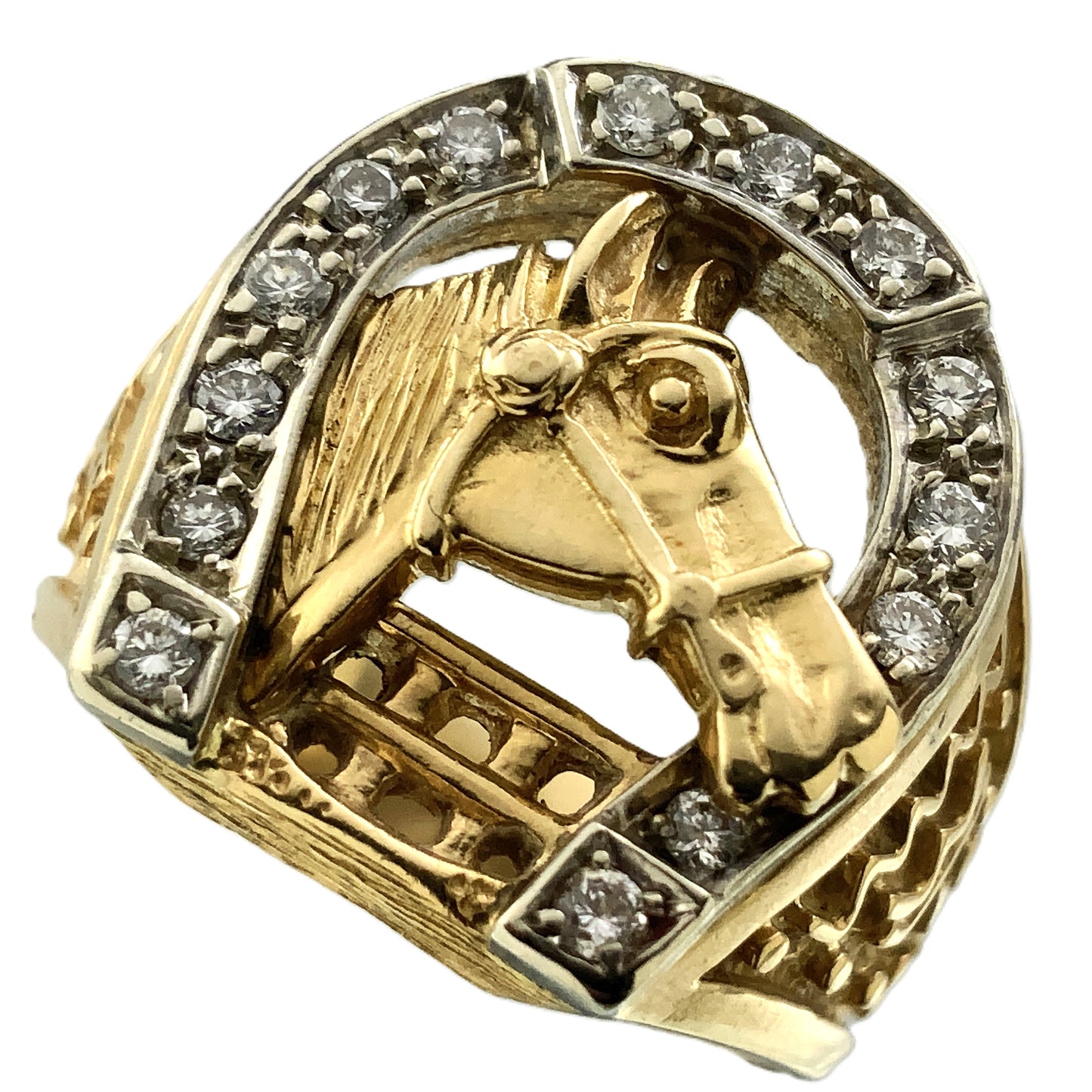 14K Yellow Gold Luck Horseshoe and Horse Head with 14 Diamonds .28 Total Carats Ring Size 9 AU360