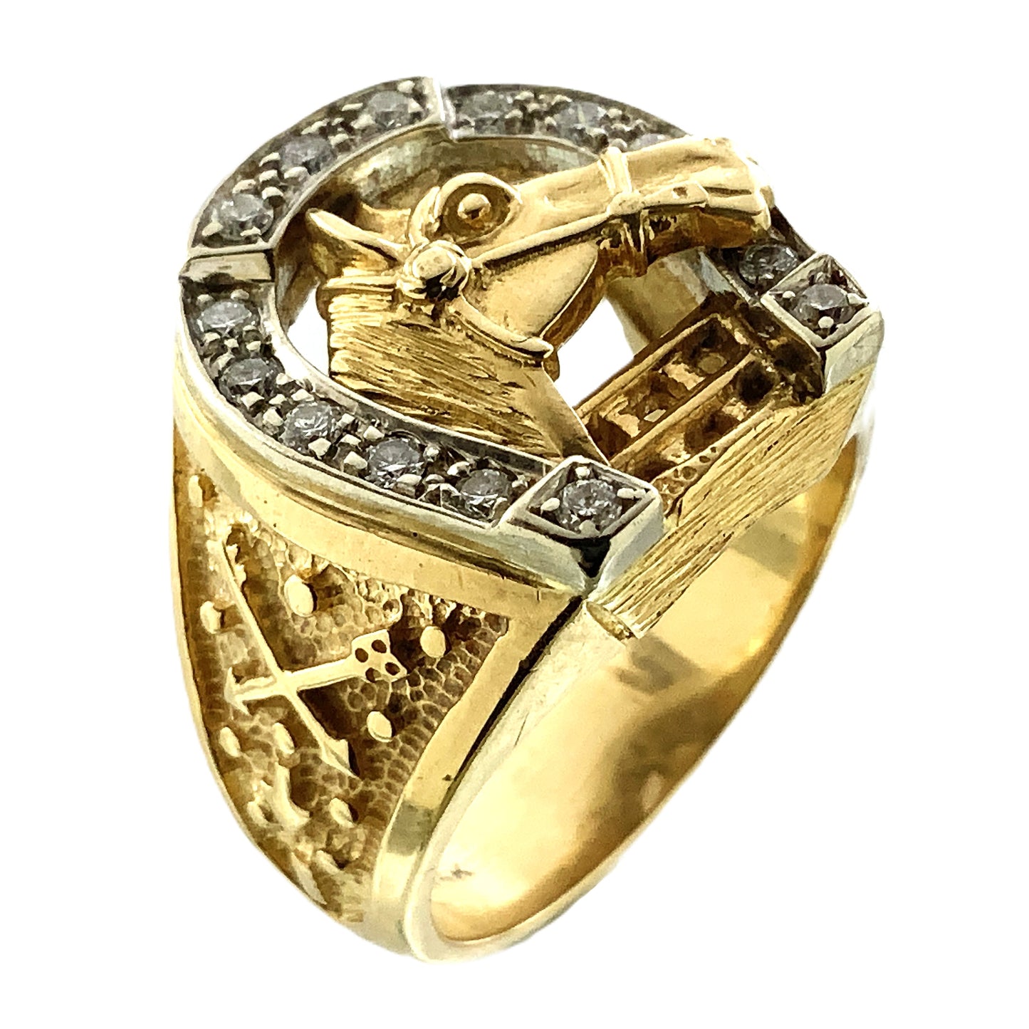 14K Yellow Gold Luck Horseshoe and Horse Head with 14 Diamonds .28 Total Carats Ring Size 9 AU360