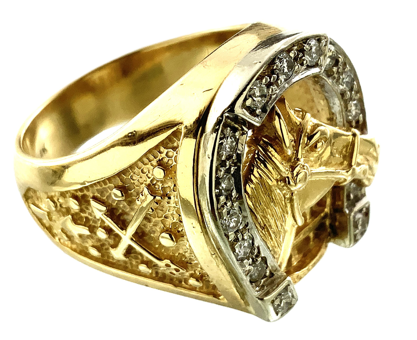 14K Yellow Gold Luck Horseshoe and Horse Head with 14 Diamonds .28 Total Carats Ring Size 9 AU360