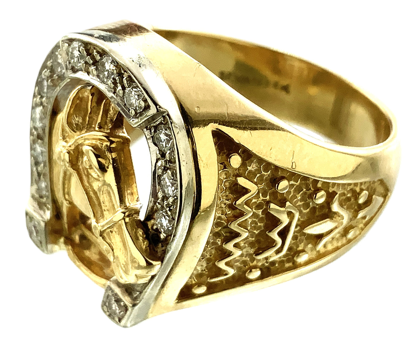 14K Yellow Gold Luck Horseshoe and Horse Head with 14 Diamonds .28 Total Carats Ring Size 9 AU360