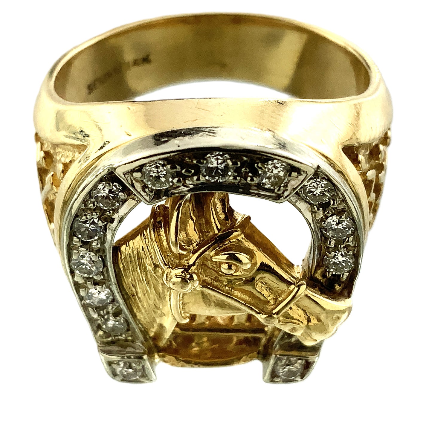 14K Yellow Gold Luck Horseshoe and Horse Head with 14 Diamonds .28 Total Carats Ring Size 9 AU360