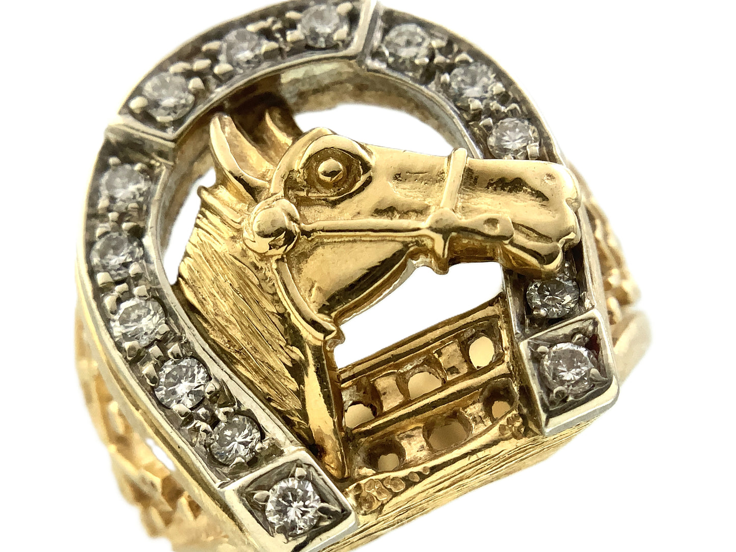 14K Yellow Gold Luck Horseshoe and Horse Head with 14 Diamonds .28 Total Carats Ring Size 9 AU360